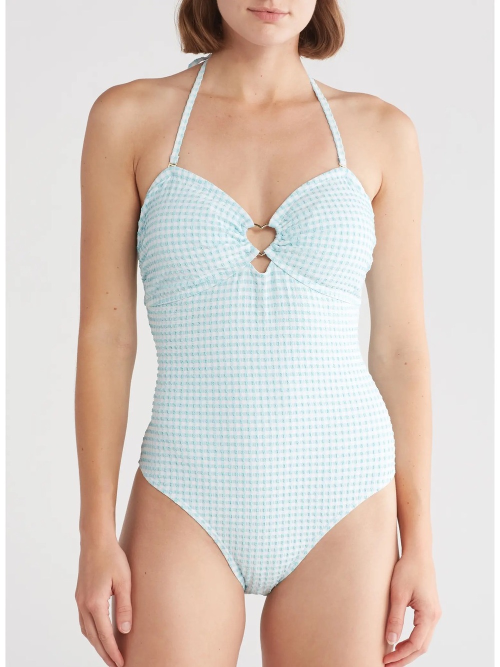 🌻NEW Betsey Johnson Halter 1-Piece Swimsuit Heart Hardware Tie Neck Back Size S